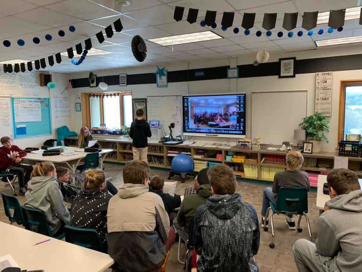 Eighth grade students from Onekama Consolidated Schools participate in a live video conference with a Canadian class during the 2018 Global Read Aloud Project.