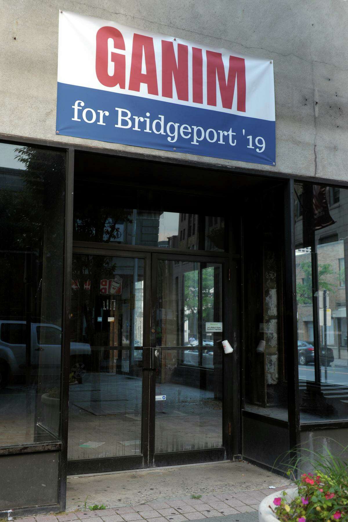 Campaign signs for Mayor Joe Ganim hang on the former Subway Restaurant location on Main Street, in downtown Bridgeport, Conn. July 29, 2019. The Subway has been closed since a fire in 2017.