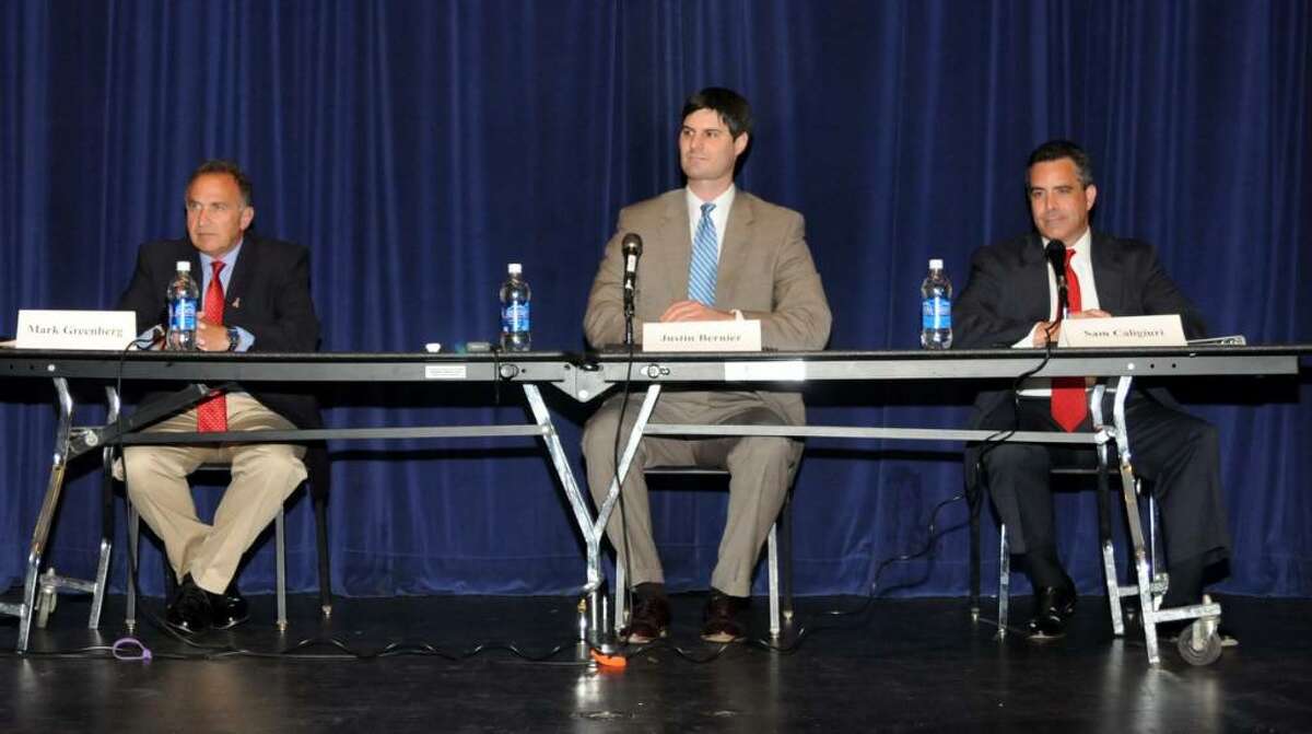 From left Congressional candidates Mark Greenberg, Justin Bernier and Sam Caligiuri at a debate that was sponsored by the Litchfield County Times on Monday Aug. 2, 2010 at Brookfield High School.