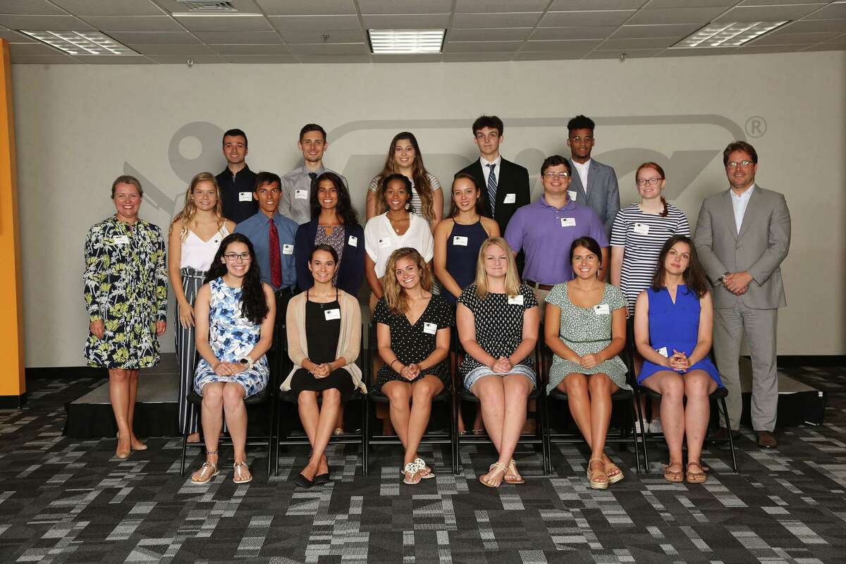 BIC Corp. recently awarded scholarships to (rear, left to right)Anthony Abed; Jonathan Feher; Alyssa Carrano; Alex Jackel; John Lewis; (middle) Mary Fox, General Manager, BIC North America Consumer Products; Sophie Lucas; Anthony Marzitelli; Christa Marzitelli; Lauren Lewis; Minna Holleck; Frank Cioffi; Alison Bodyk; Gonzalve Bich, BIC Group CEO. Bottom Row (left to right): Olivia Ceballos, Olivia Keator, Katerina Spanolios, Elizabeth Hull, Carly Brown, and Brooke Tweedie.
