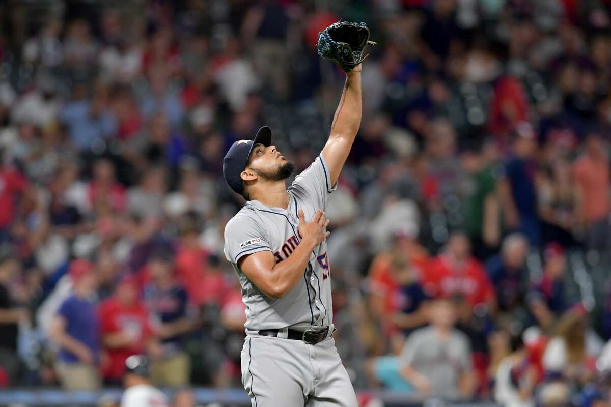 CLEVELAND, OHIO - JULY 30: Closing pitcher Roberto Osuna #54 of the Houston Astros celebrates after Houston defeated the Cleveland Indians at Progressive Field on July 30, 2019 in Cleveland, Ohio. The Astros defeated the Indians 2-0. (Photo by Jason Miller/Getty Images)