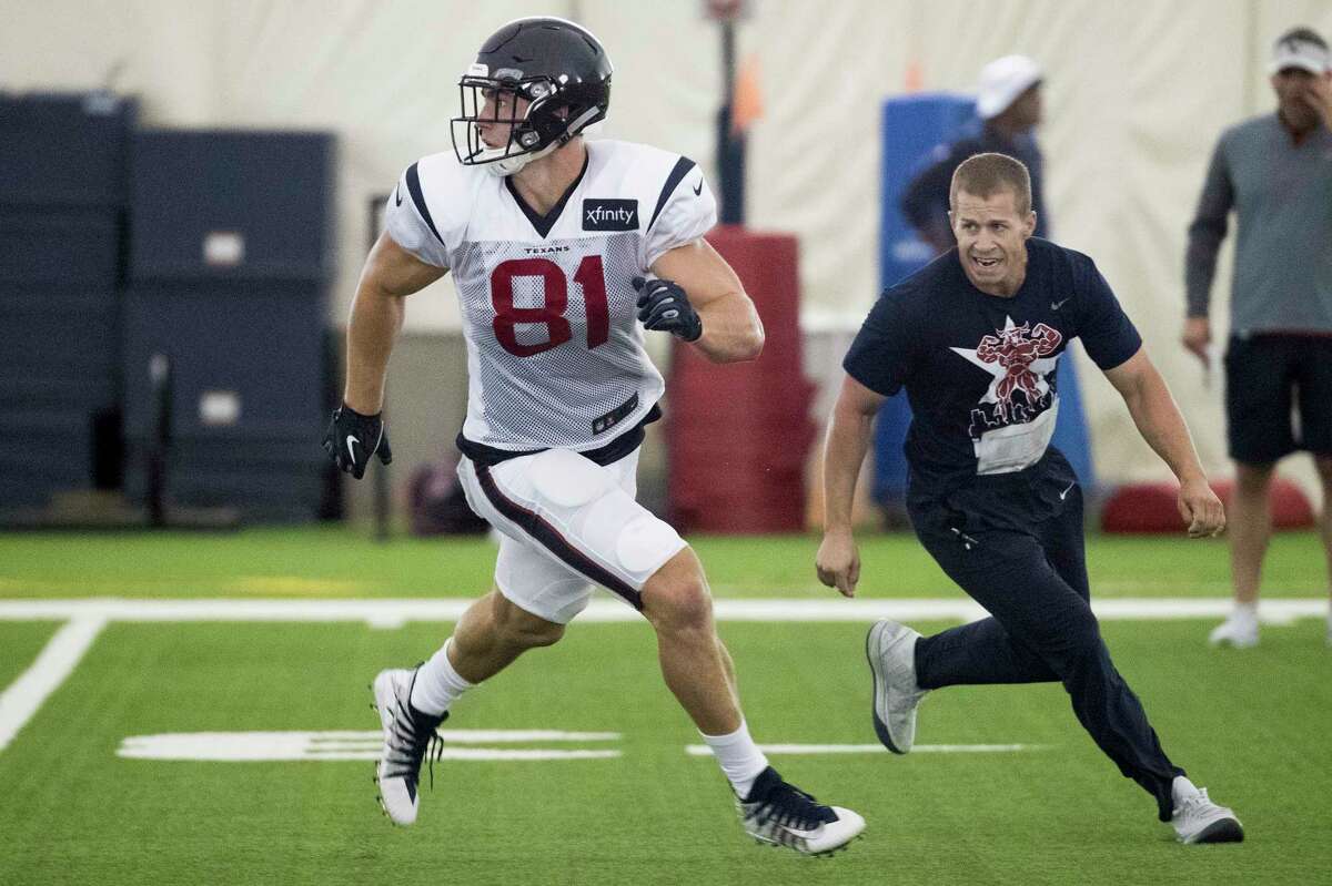 Houston Texans tight end Kahale Warring (81) runs a pass route during training camp at the Methodist Training Center on Wednesday, July 31, 2019, in Houston.