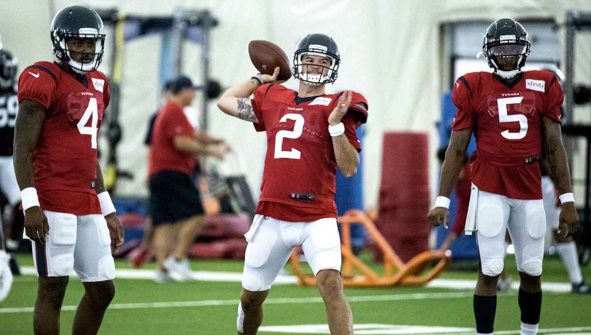 PHOTOS: Texans training camp  Houston Texans quarterback AJ McCarron (2) throws a pass during training camp at the Methodist Training Center on Wednesday, July 31, 2019, in Houston.  >>>See photos from the Texans' joint practice with the Packers in Green Bay, Wisconsin, on Tuesday ... 