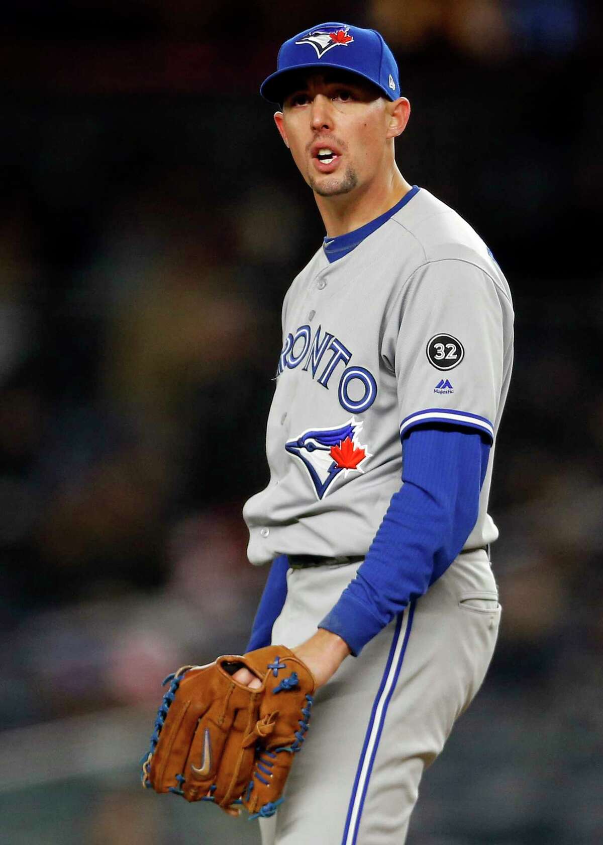 NEW YORK, NY - APRIL 19: Aaron Sanchez #41 of the Toronto Blue Jays reacts against the New York Yankees during the fifth inning at Yankee Stadium on April 19, 2018 in the Bronx borough of New York City. (Photo by Adam Hunger/Getty Images)