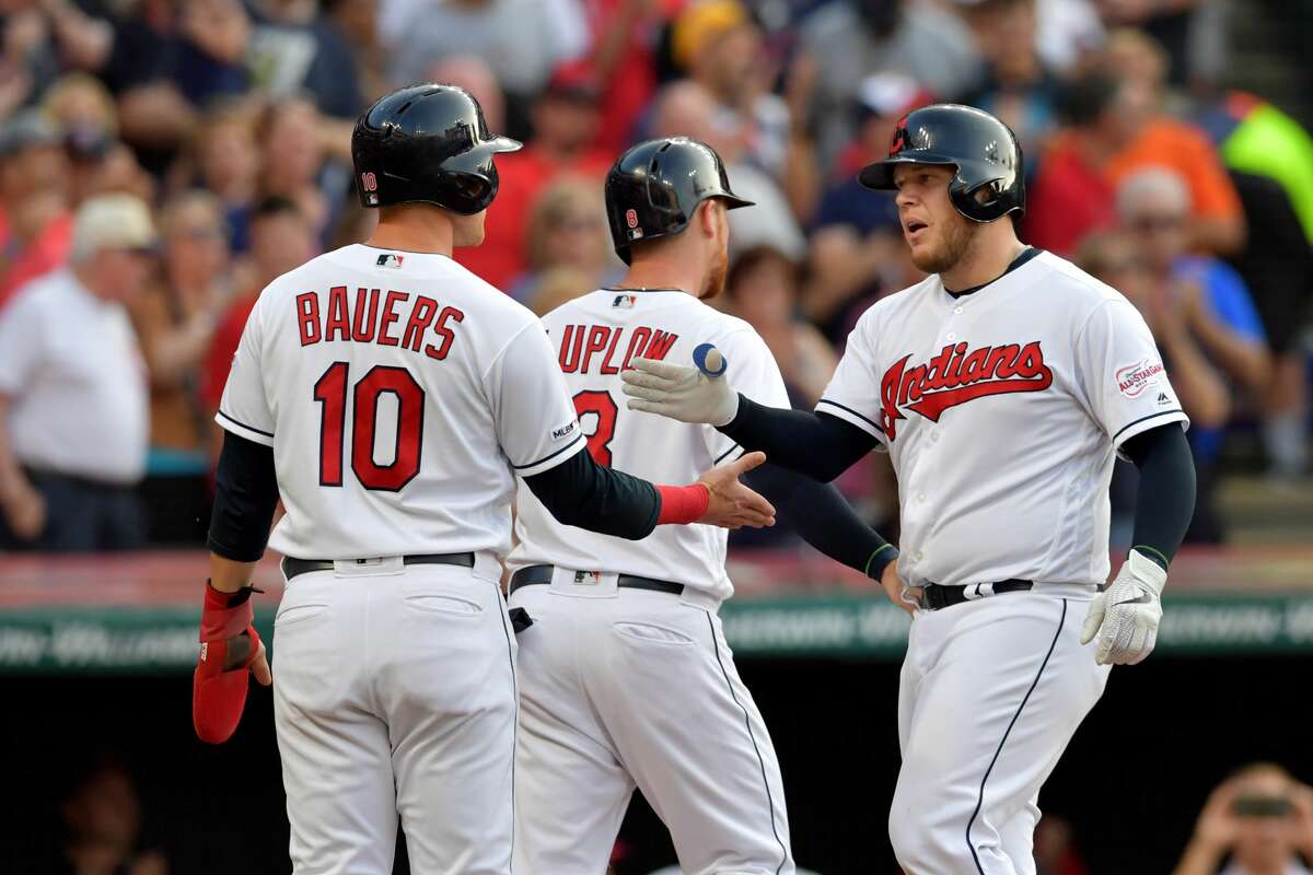 CLEVELAND, OHIO - JULY 31: Jake Bauers #10 and Jordan Luplow #8 of the Cleveland Indians celebrate with Roberto Perez #55 after all scored on a home run by Perez during the third inning against the Houston Astros at Progressive Field on July 31, 2019 in Cleveland, Ohio. (Photo by Jason Miller/Getty Images)