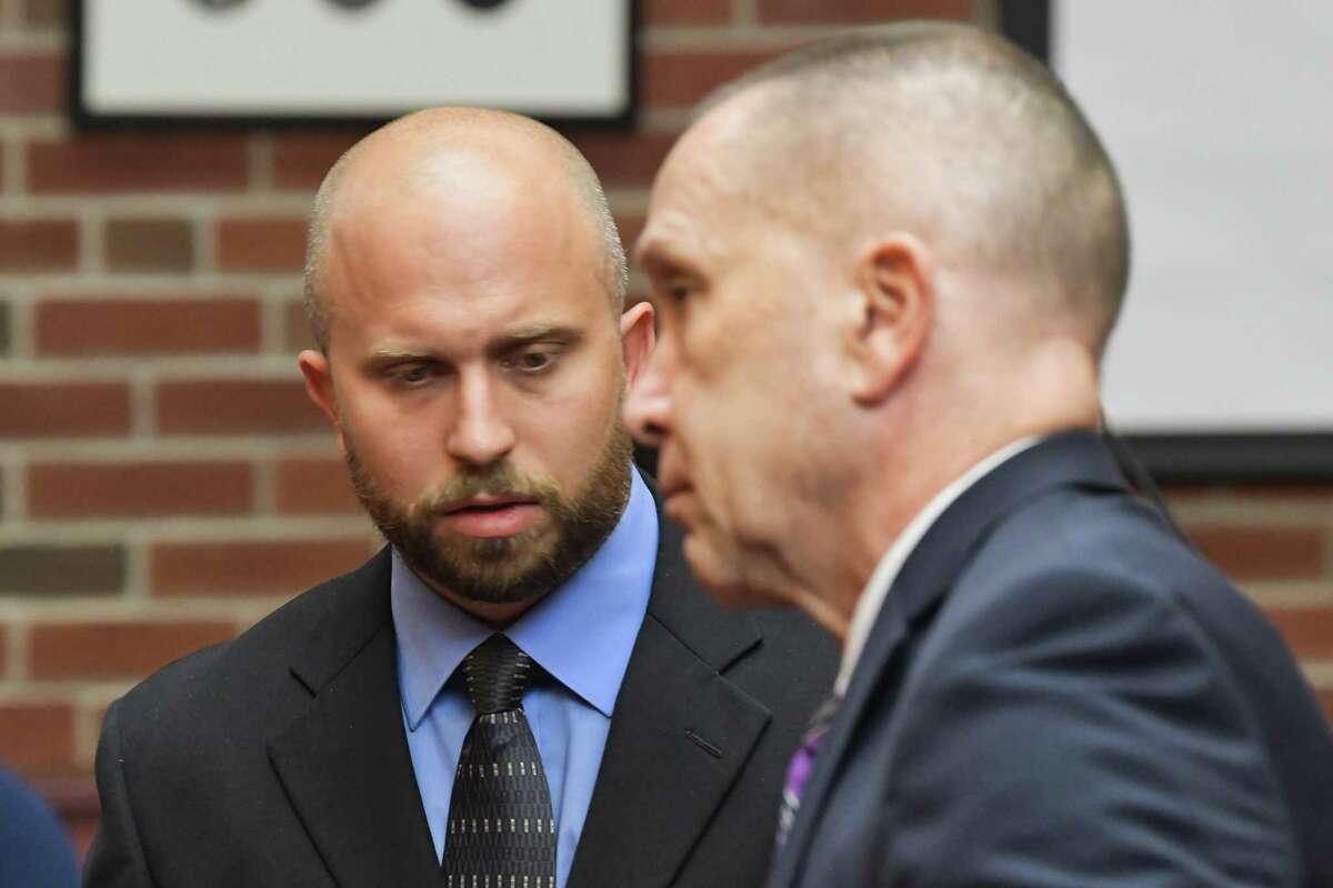Eric Rosenbrock, left, appears for his arraignment with his attorney, David Taffany, at Saratoga County Court on Thursday, August 1, 2019, in Ballston Spa, N.Y. Rosenbrock was accused of shooting and killing wife. He pleaded guilty to criminally negligent homicide in September 2019 and was sentenced to five years of probation. (Paul Buckowski/Times Union)