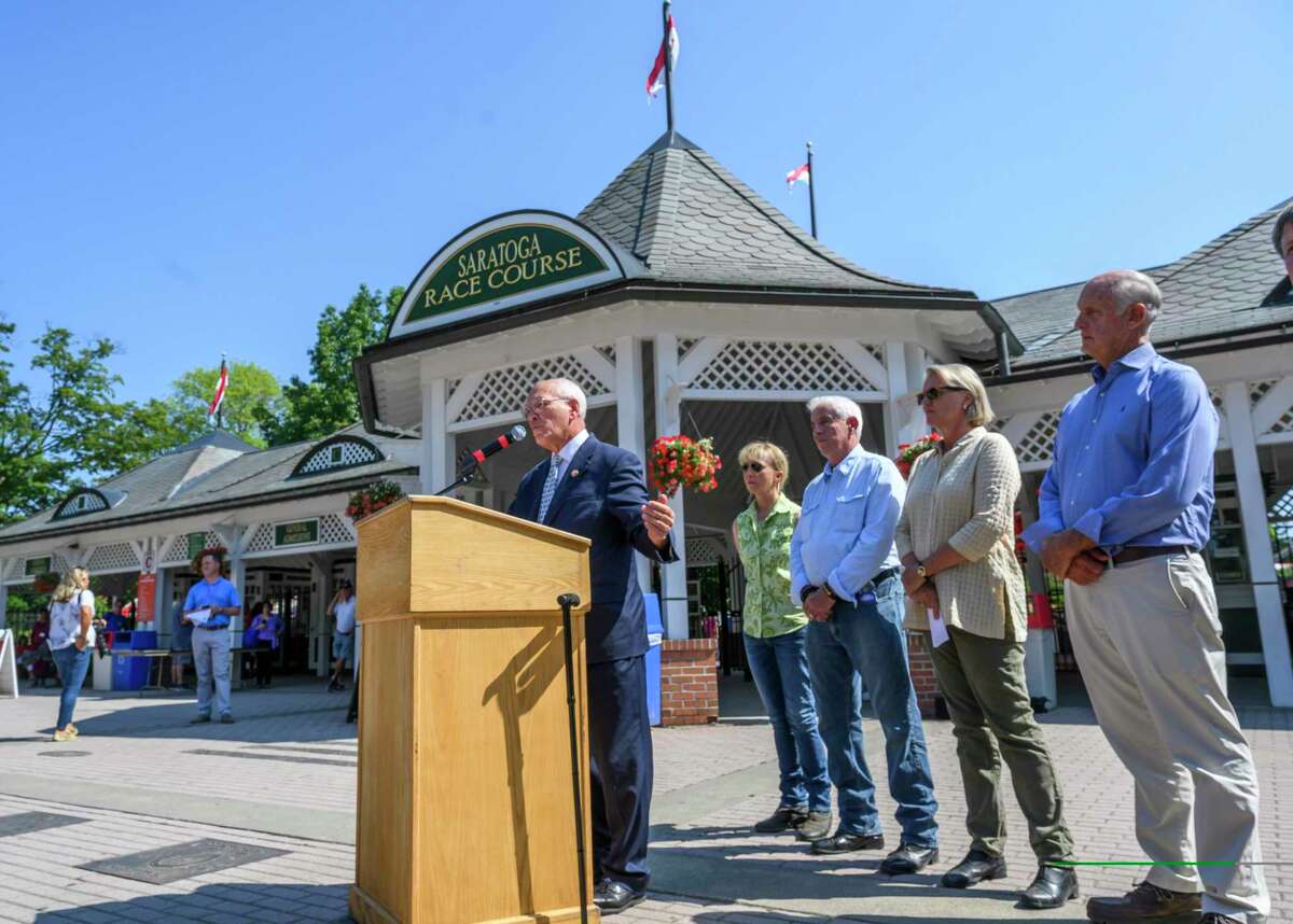Congressman Paul Tonko speaks about the Horse Integrity Act during a press conference at the Saratoga Race Course in Saratoga Springs, N.Y. Thursday, Aug. 1, 2019 in Saratoga Springs, N.Y. Photo Special to the Times Union by Skip Dickstein.