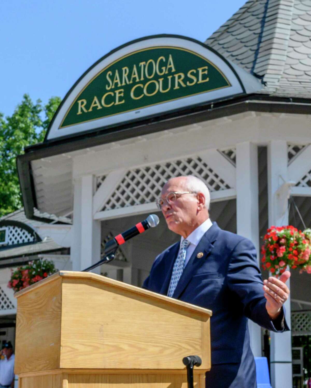 Congressman Paul Tonko speaks about the Horse Integrity Act during a press conference at the Saratoga Race Course in Saratoga Springs, N.Y. Thursday, Aug. 1, 2019 in Saratoga Springs, N.Y. Photo Special to the Times Union by Skip Dickstein.