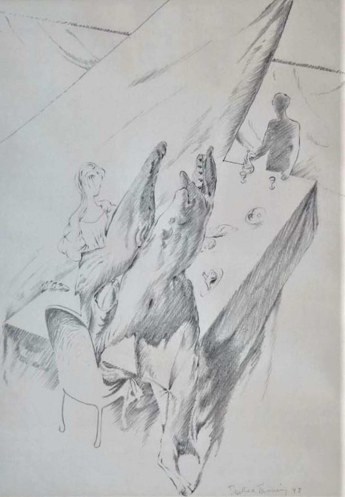 Dorothea Tanning's pencil study for "My Dinner Party" is on view in "Women Surrealists" at Redbud Gallery through Aug. 27.