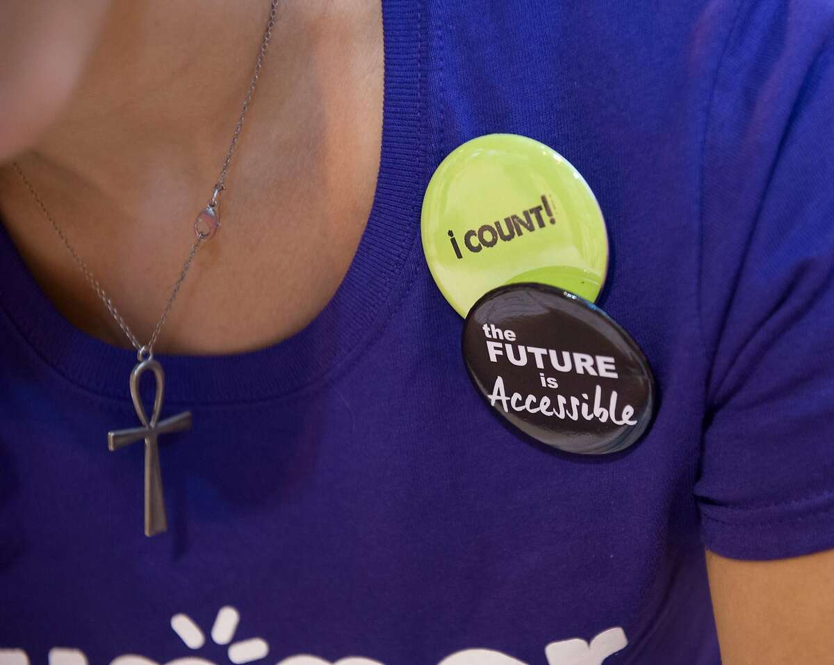 Cecilia Quinn wears her "I count" button while working at the the Sacramento Public Library's California State Fair on Sunday, July 21, 2019.