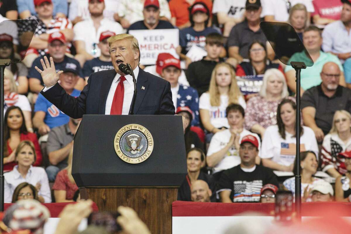 CINCINNATI, OH - AUGUST 01: President Donald Trump speaks at a campaign rally at U.S. Bank Arena on August 1, 2019 in Cincinnati, Ohio. The president was critical of his Democratic rivals, condemning what he called "wasted money" that has contributed to blight in inner cities run by Democrats, according to published reports. (Photo by Andrew Spear/Getty Images)
