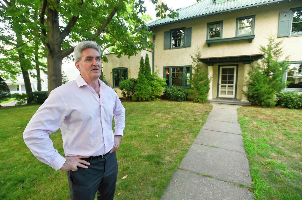 Peter Zeitsch, stands outside his home in the Shippan section of Stamford, Conn., on July 30, 2019. Zeitsch and his family relocated from San Francisco and moved in June to the Italian villa-style house, which stands on Shippan Avenue. The home’s sale was brokered by Halstead Real Estate.