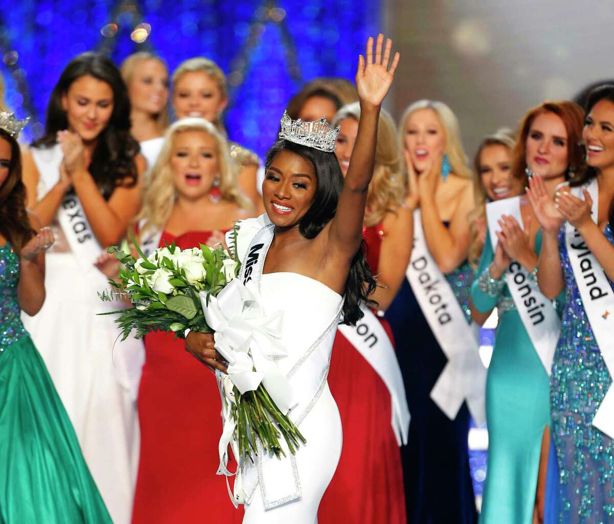 Nia Franklin reacts in September 2018 after being crowned Miss America, in Atlantic City, N.J. The 2020 pageant will be held at the Mohegan Sun Arena in eastern Connecticut. (AP Photo/Noah K. Murray, File)