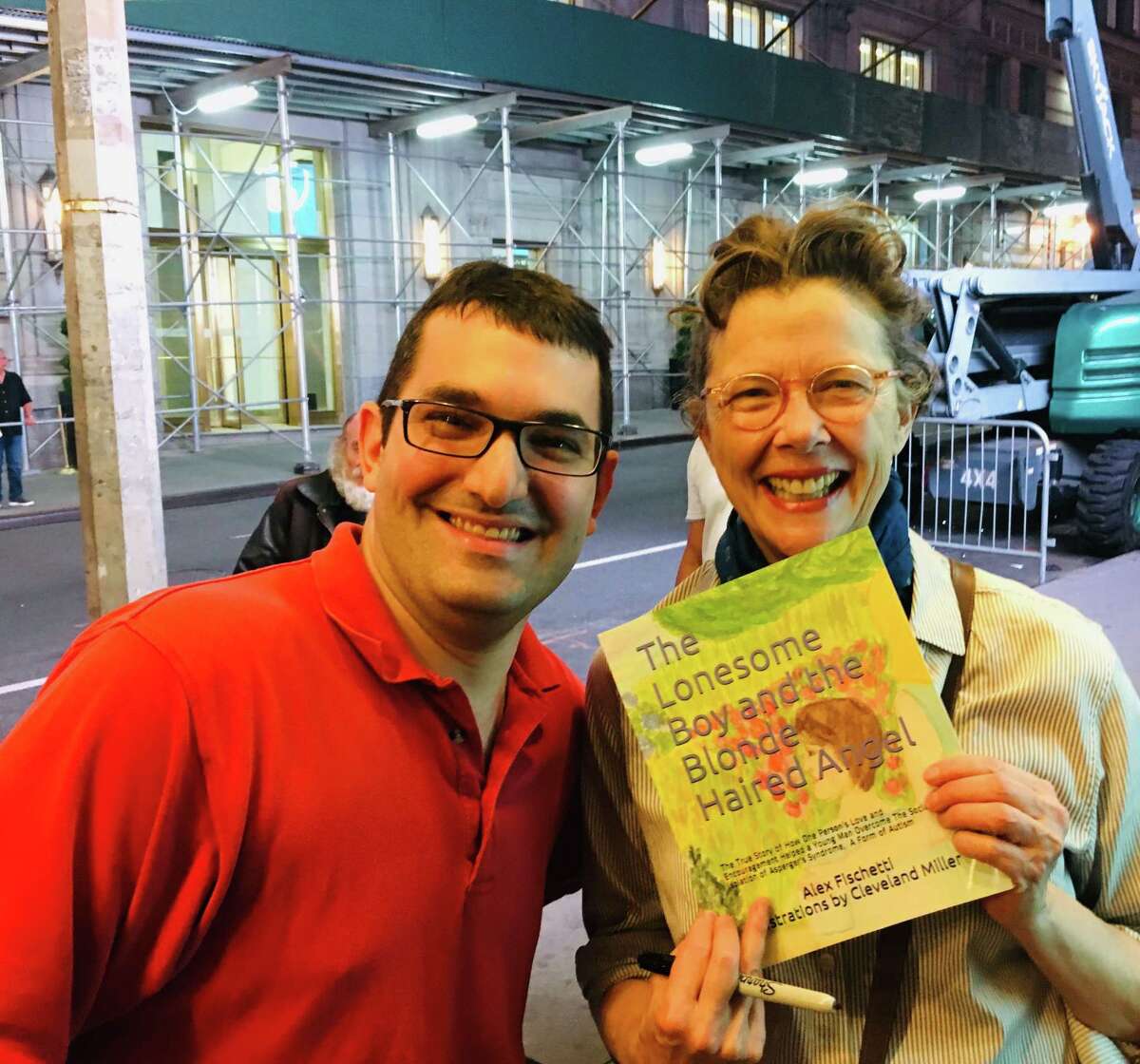 Ridgefield author Alex Fischetti gave a signed copy of his debut book, The Lonesome Boy and the Blonde Haired Angel, to actress Annette Bening after her Broadway performance of All My Sons on June 26.