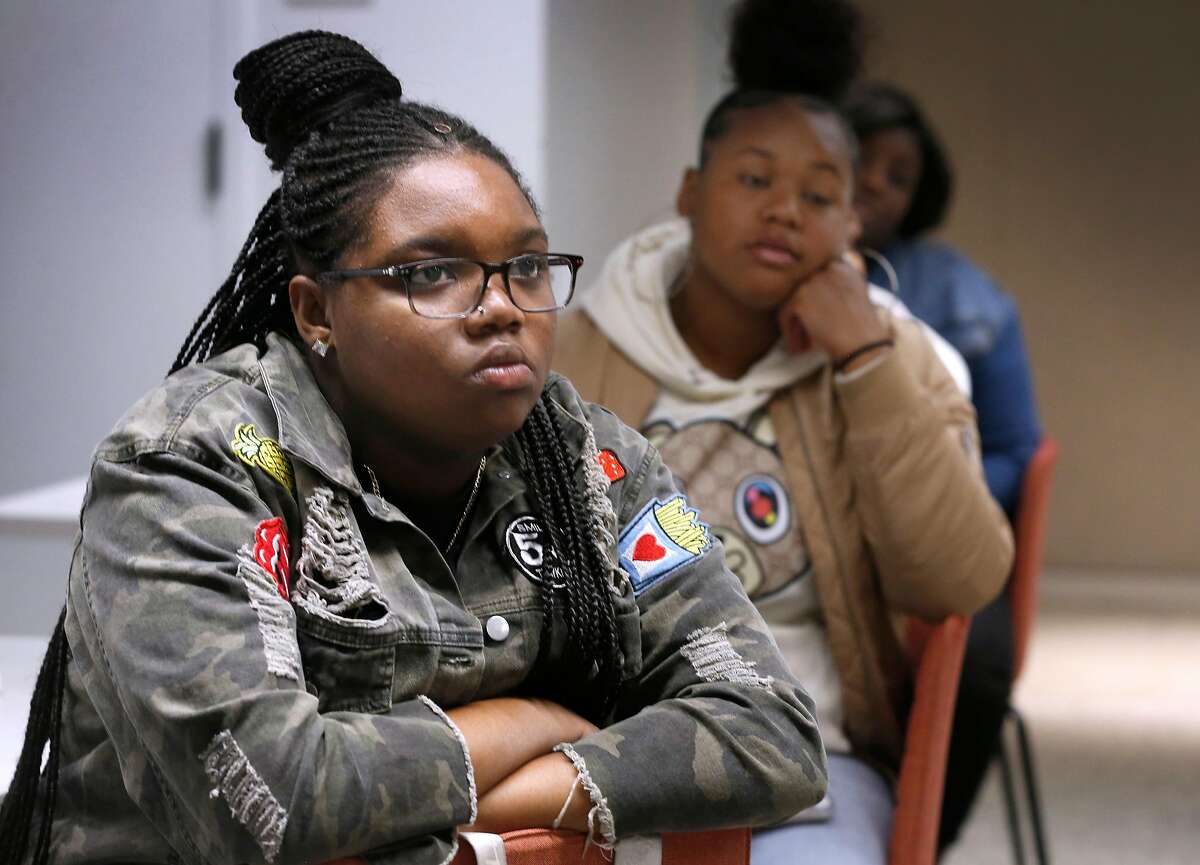 Jaida Clark (left) attends a workshop for interns with Kaylani Kelley (right) at Airbnb offices in San Francisco, Calif. on Wednesday, July 31, 2019. Airbnb is hosting several high school students participating in Mayor London Breed's "Opportunities for All" internship program.