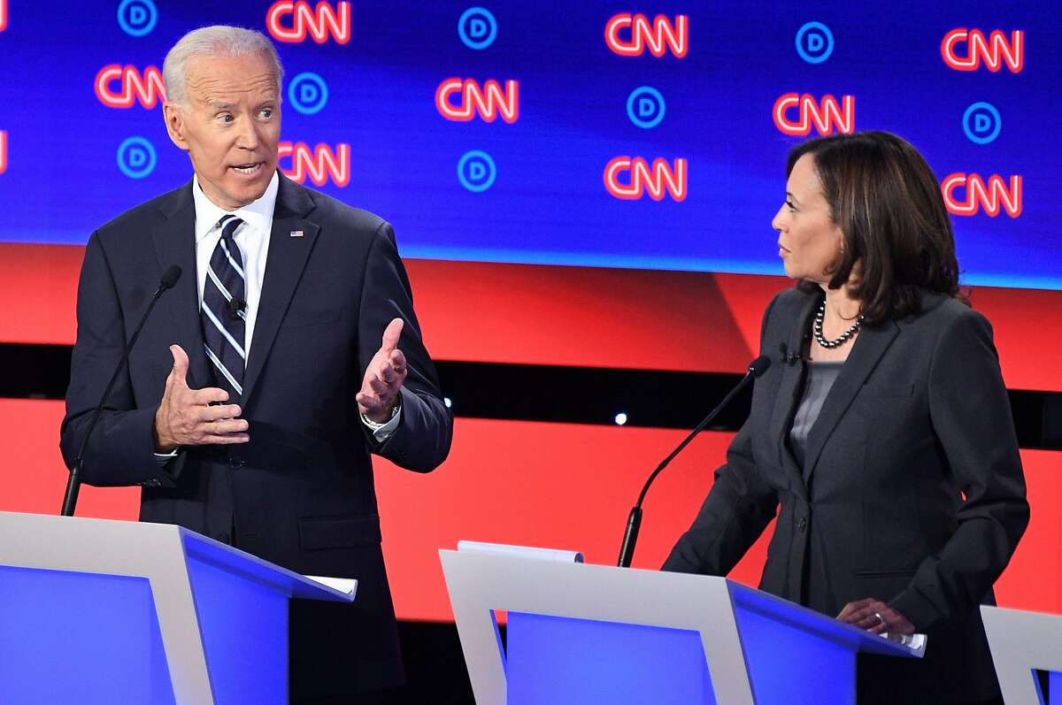 Democratic presidential hopefuls former Vice President Joe Biden and US Senator from California Kamala Harris speak during the second round of the second Democratic primary debate of the 2020 presidential campaign season hosted by CNN at the Fox Theatre in Detroit, Michigan on July 31, 2019. (Photo by Jim WATSON / AFP)JIM WATSON/AFP/Getty Images