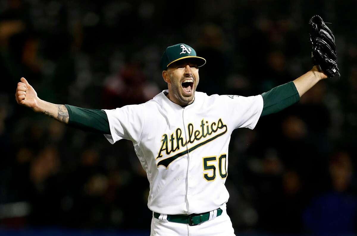 Oakland Athletics' Mike Fiers celebrates no-hitter against Cincinnati Red during MLB game at Oakland Coliseum in Oakland, Calif., on Tuesday, May 7, 2019.