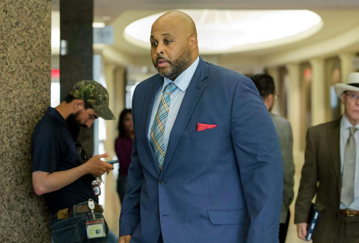 Former Harris County Sheriff's Office deputy Cameron Brewer walks into the courtroom for the opening arguments of his case at Harris County Civil Courthouse on Thursday, Aug. 1, 2019, in Houston. Brewer is charged with aggravated assault by a public servant for the death of 34-year-old Danny Ray Thomas in 2018.