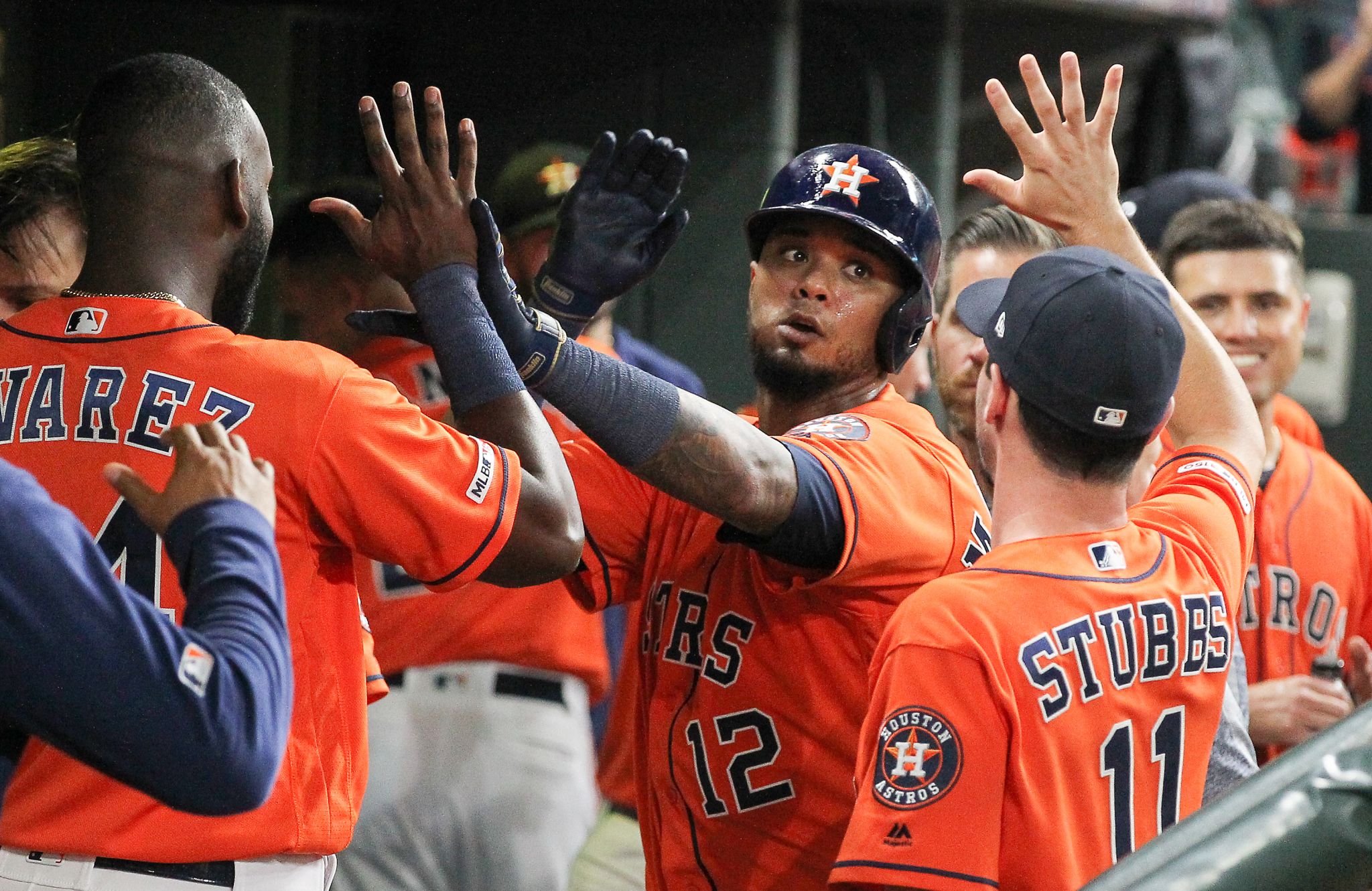 August 10, 2018: Houston Astros catcher Martin Maldonado (15) during a  Major League Baseball game between the Houston Astros and the Seattle  Mariners on 1970s night at Minute Maid Park in Houston