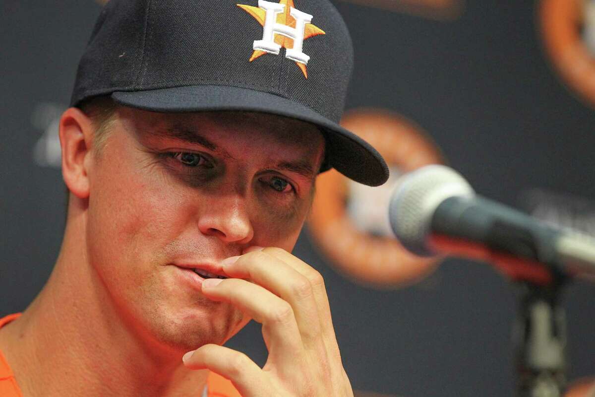 The Astros new pitcher Zack Greinke talks to the media during a press conference at Minute Maid Park Friday, Aug. 2, 2019, in Houston.