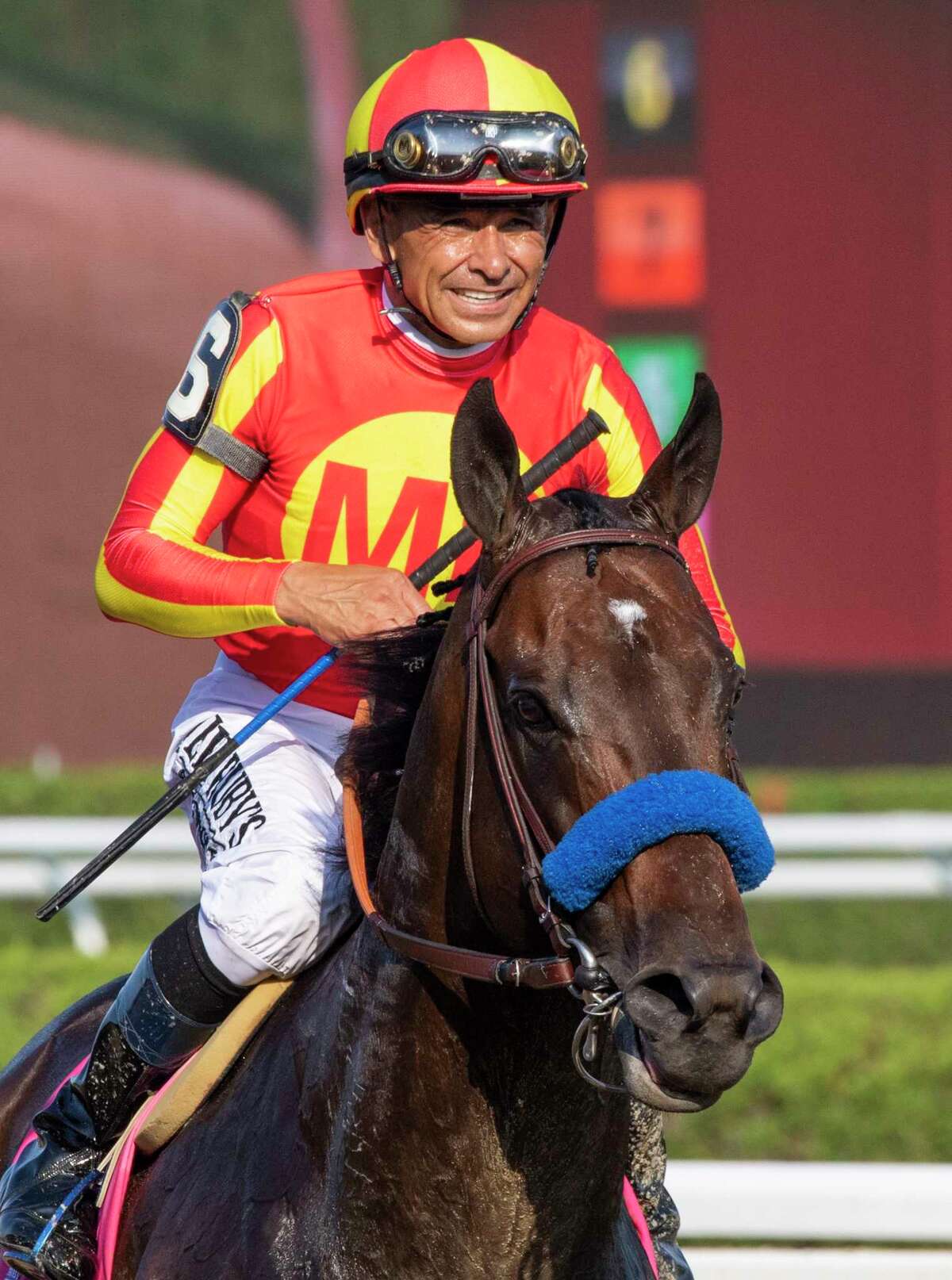 Jockey Mike Smith is all smiles in jubilation after winning the 92nd running of The Whitney on McKinzie at the Saratoga Race Course Saturday, Aug. 3, 2019 in Saratoga Springs, N.Y. Photo Special to the Times Union by Skip Dickstein