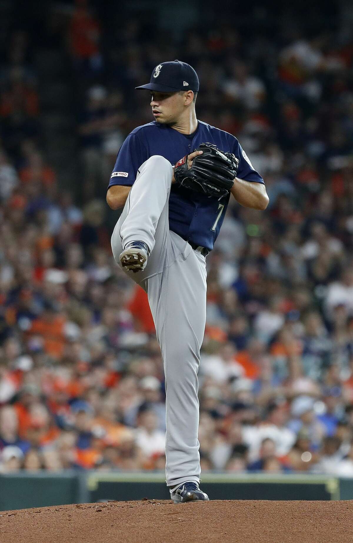 Seattle Mariners starting pitcher Marco Gonzales (7) pitches during the first innning of an MLB game at Minute Maid Park, Sunday, August 3, 2019.