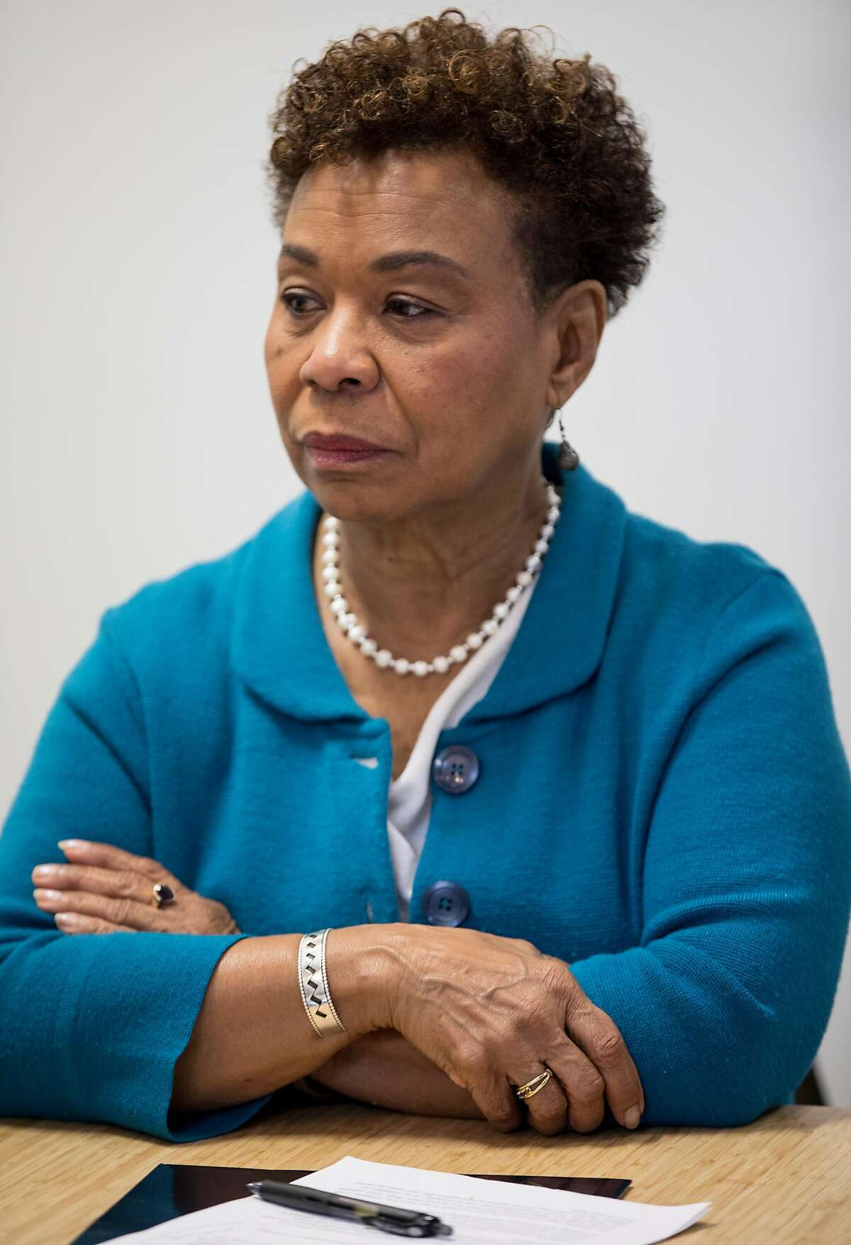 Congresswoman Barbara Lee listens as federal employees who have been affected by the government shutdown discuss their struggles at Red Bay Coffee in Oakland, Calif. Saturday, Jan. 12, 2019.