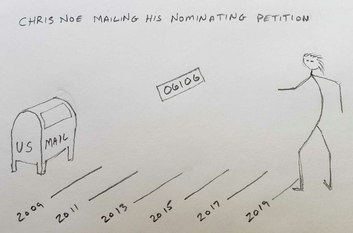 Darien first selectman candidate Chris Noe illustrated the kick off of his fifth attempt to run for first selectman in this cartoon.