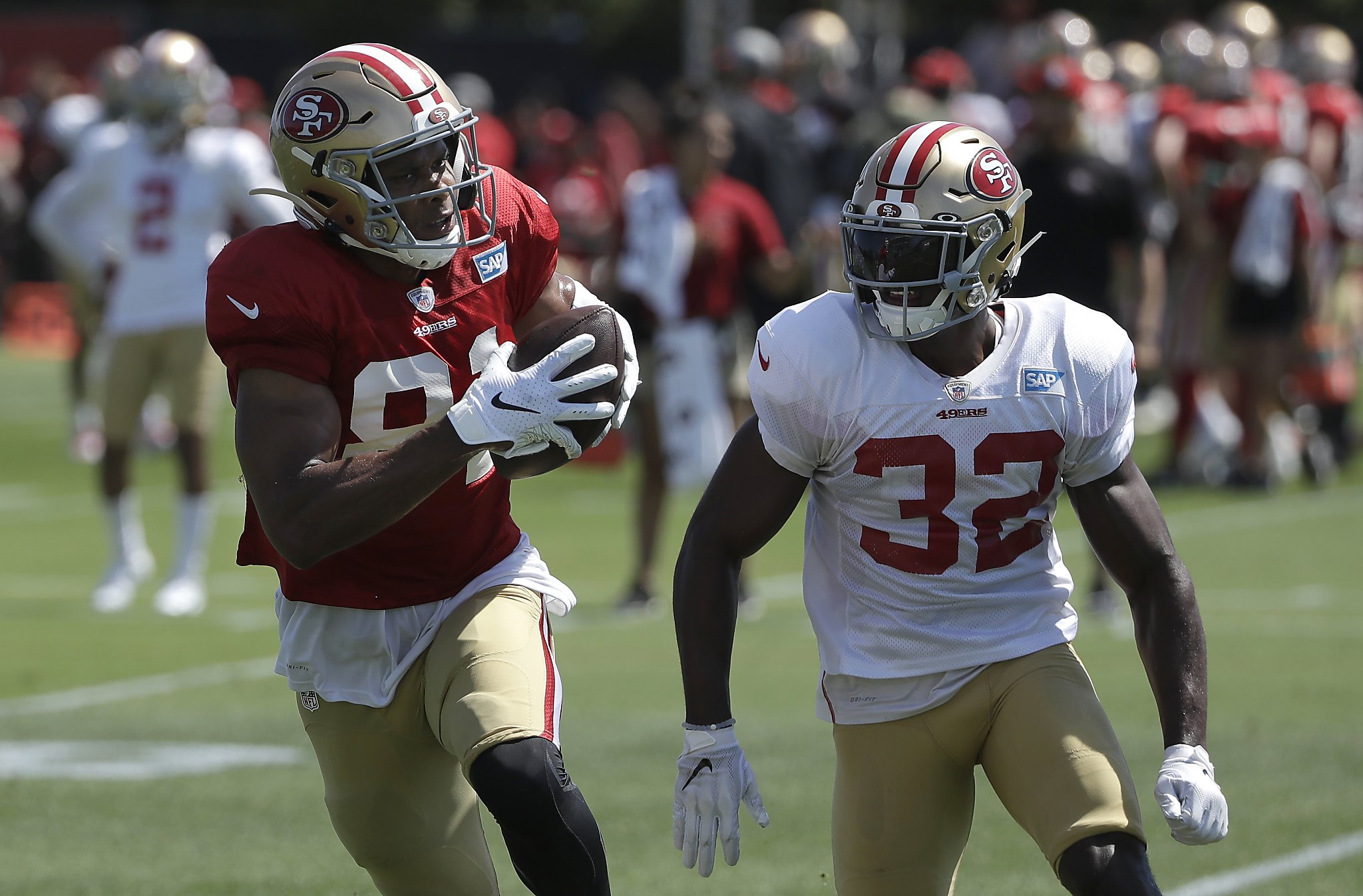 Santa Clara, California, USA. 24th Oct, 2021. San Francisco 49ers wide  receiver Jalen Hurd (14) and wide receiver Jordan Matthews (18) celebrate  field goal on Sunday, October 24, 2021, at Levis Stadium