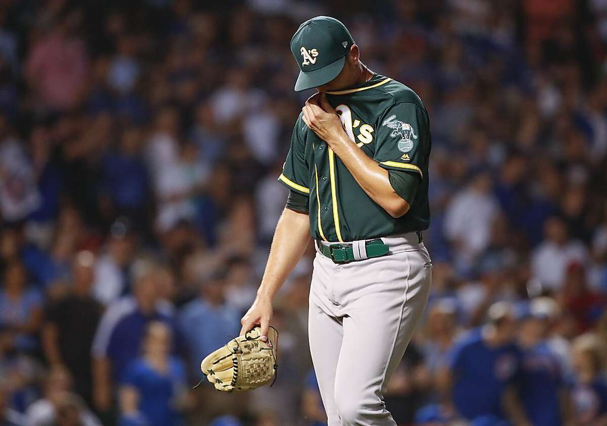 Oakland Athletics relief pitcher Blake Treinen leaves a baseball game against the Chicago Cubs during the seventh inning, Monday, Aug. 5, 2019, in Chicago. (AP Photo/Kamil Krzaczynski)