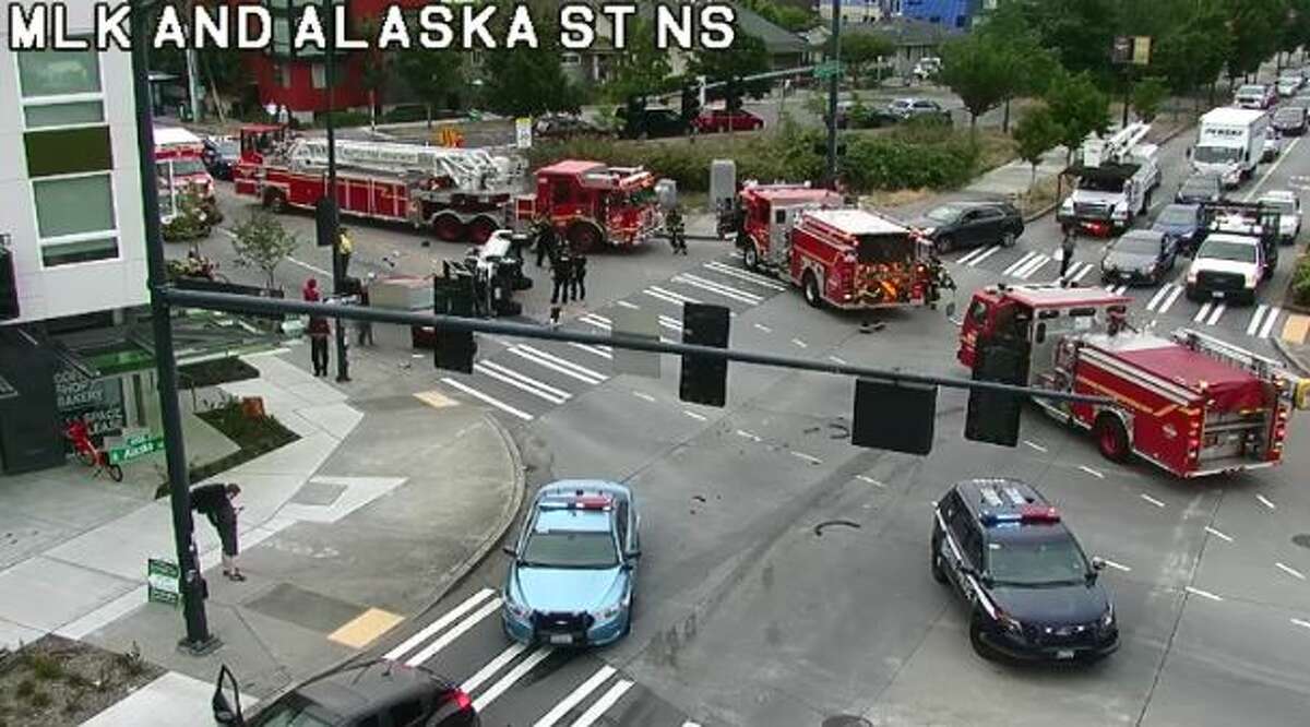 A car hit a pedestrian at the intersection of Martin Luther King, Jr. Way South and South Alaska Street.