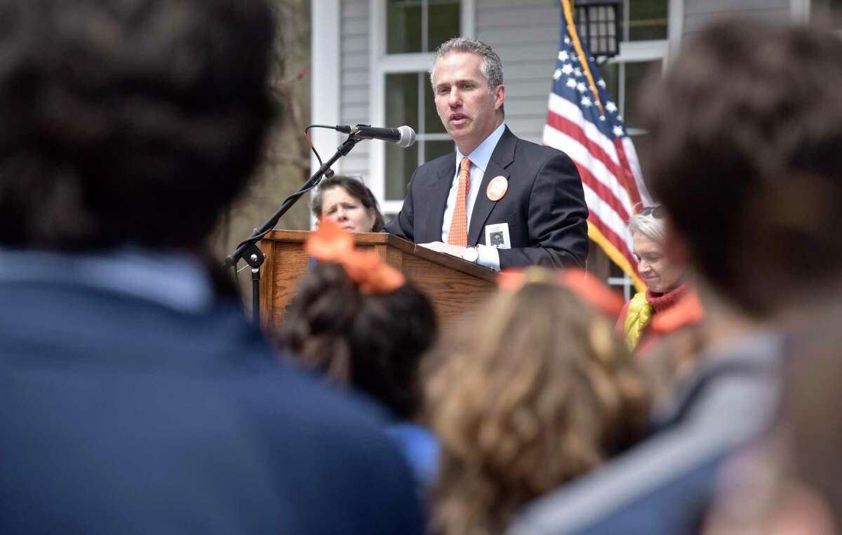 Jeremy Stein, Executive Director of CT Against Gun Violence, speaks to students from Kent School who walked off campus and through the town of Kent as part of a nation wide student walkout to rally against gun violence. Friday afternoon, April 20, 2018, in Kent, Conn.