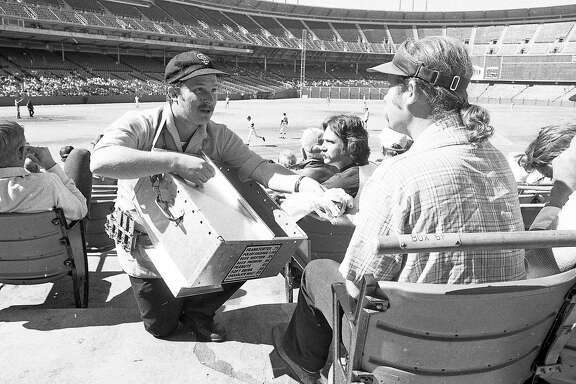 Sept. 13, 1976: A vendor sells hot dogs at a near-empty Candlestick Park at a San Francisco Giants game in 1976.