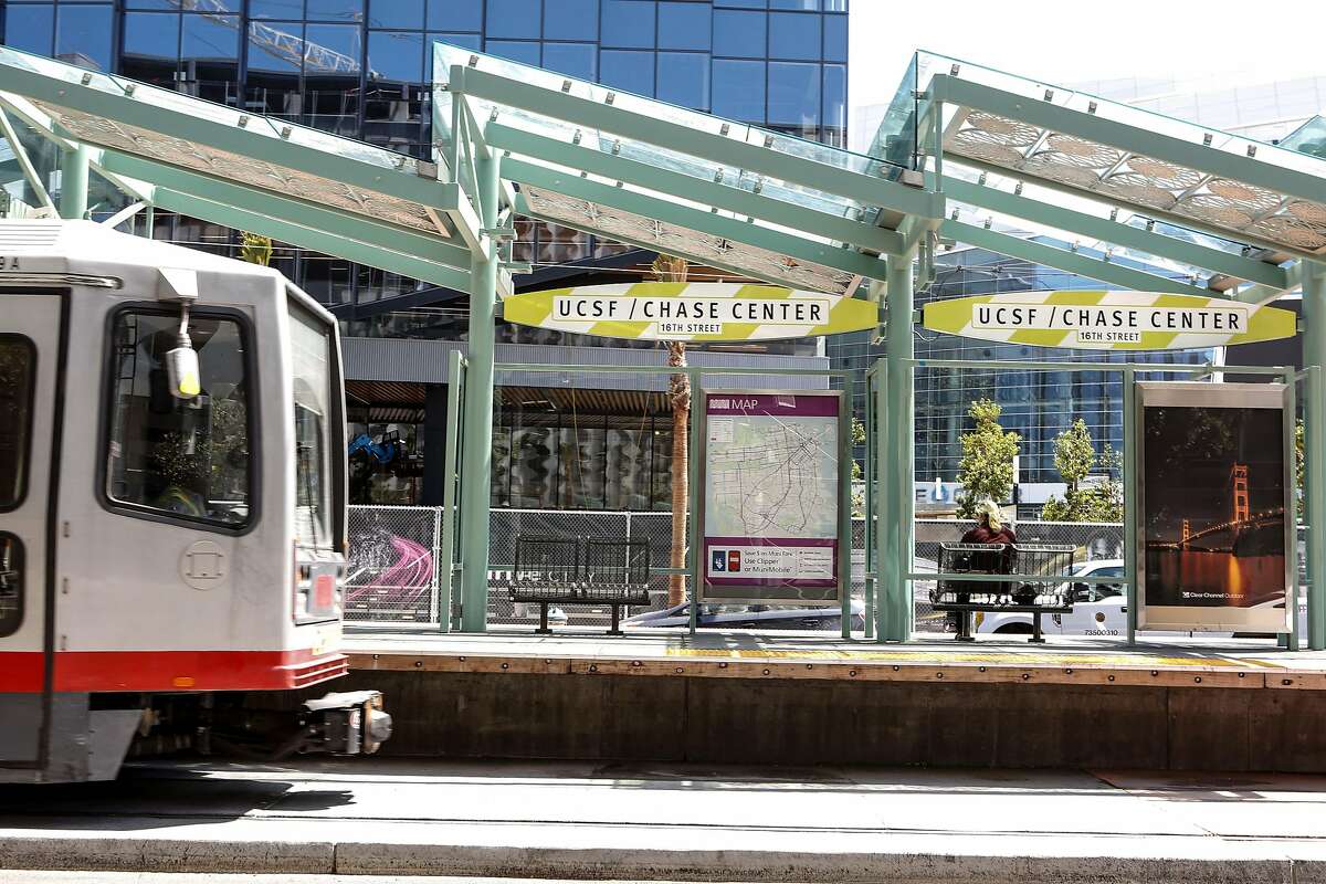 One of the first of many trains to pass through Muni's UCSF/Chase Center platform is seen just after the opening of the new stop on Tuesday, August 6, 2019 in San Francisco.