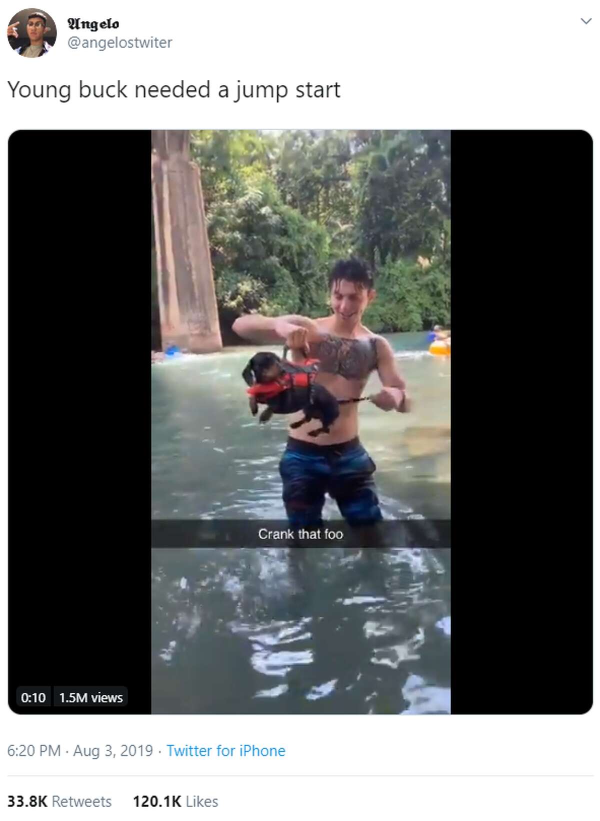 A San Antonio dog on the Comal River got a 'jump start' In the viral video, Richard Wallace holds his dog above the water by the handle on his life vest. As Wallace playfully turns Ollie's tail like a windup toy, the dog's little legs start peddling and he takes off into the water. Watch the "jump start" here.
