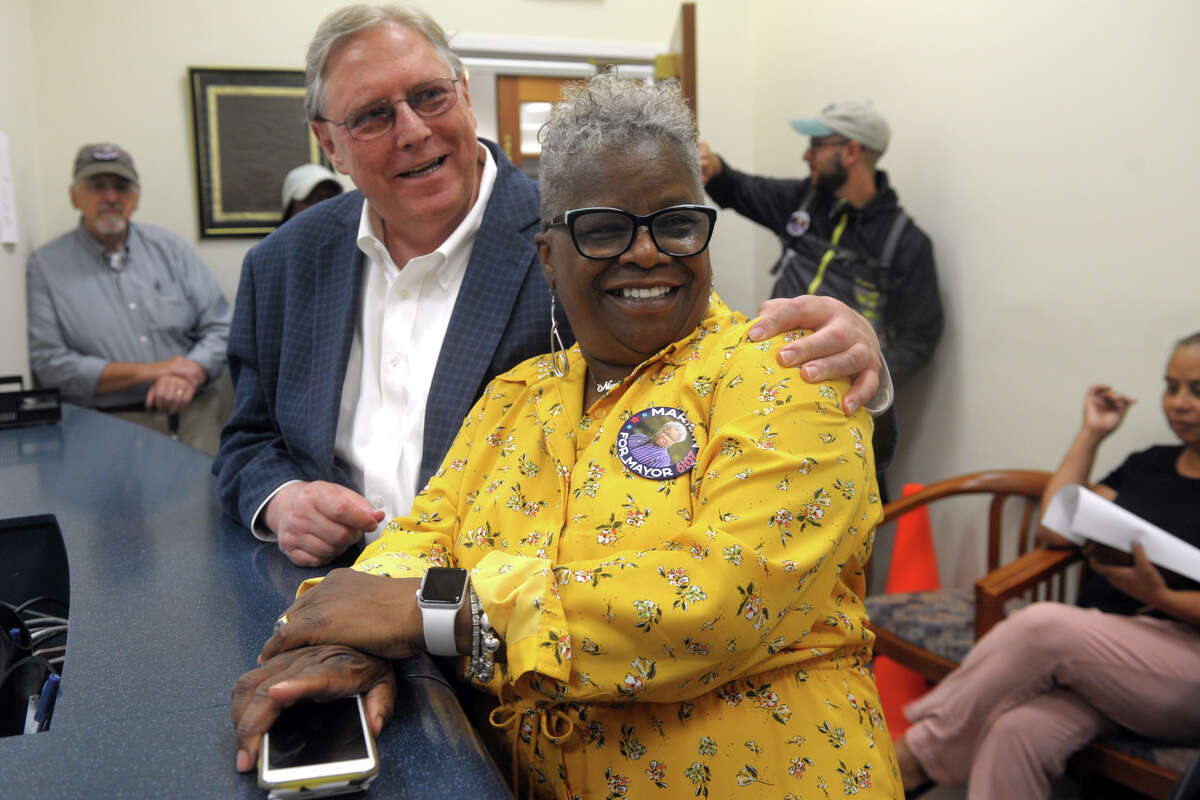 State Sen. Marilyn Moore is joined by supporter Chris Caruso as she delivers primary petitions with to the Registrar of Voters office in Bridgeport, Conn. Aug. 7. 2019. Moore hopes to make it onto September’s Democratic Primary for Mayor.