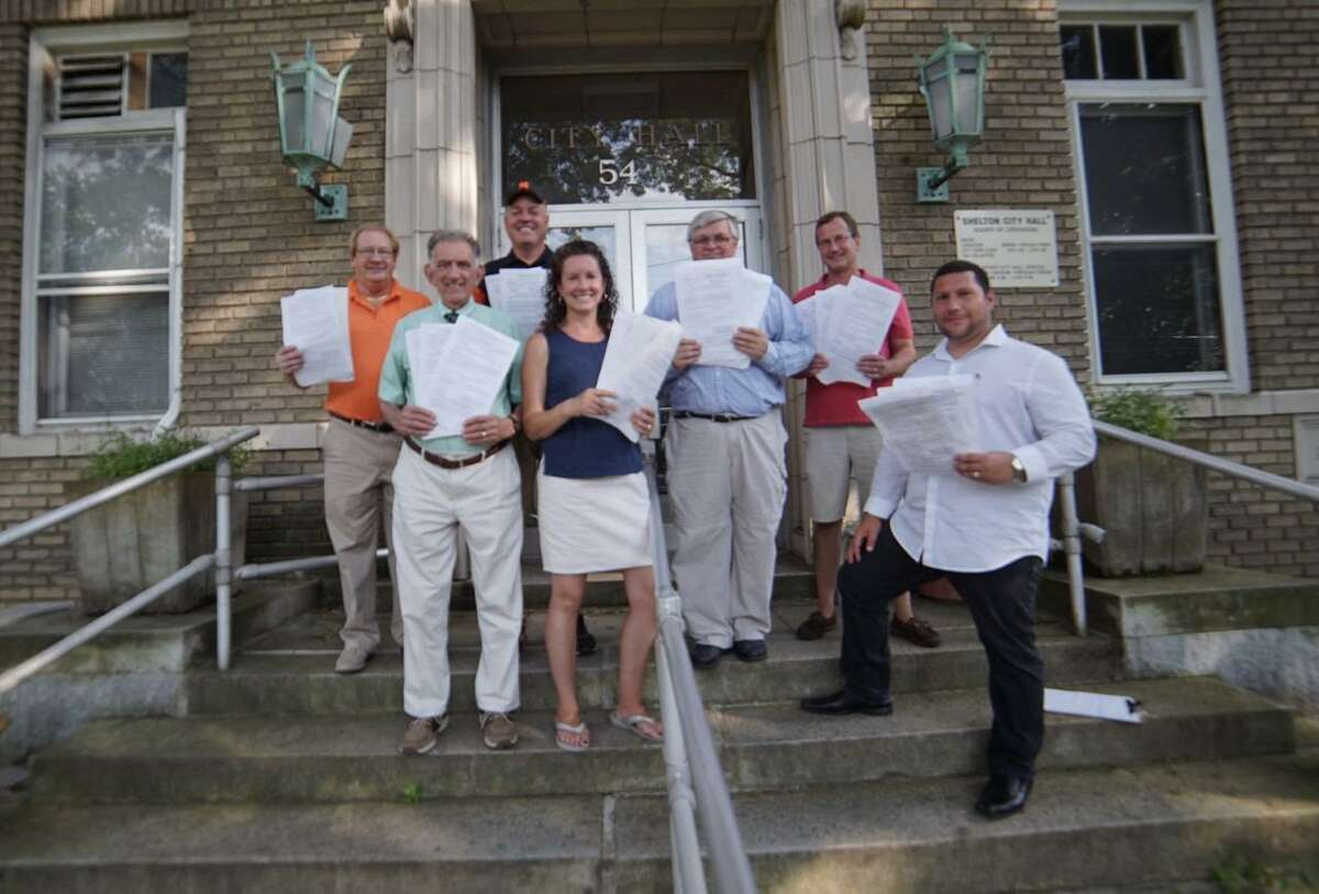 Republicans, left to right, Mark Holden, Tom Minotti, Chris Jones, Anne Gaydos, Greg Tetro, Mike Gaydos and Peter Squitieri submitted their petition signatures to the registrar of voters Wednesday, Aug. 7, to force a primary on Sept. 10. Holden, Minotti and Anne Gaydos seek to be on the Board of Education Republican ticket come November, while Jones is for Planning & Zoning, Mike Gaydos is aldermen second ward, and Tetro and Squitieri are aldermen third ward.