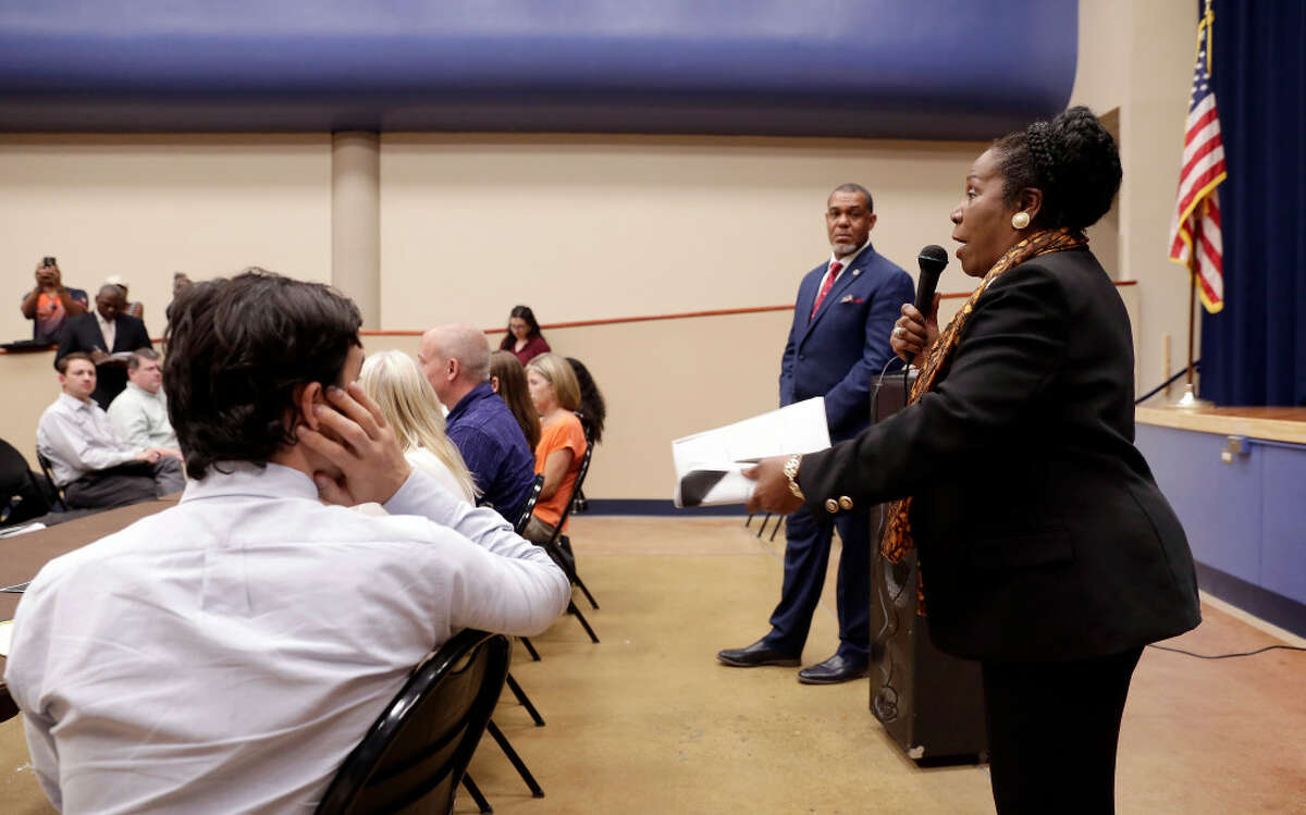 U.S. Rep. Sheila Jackson Lee, right, speaks during a public meeting about a proposed concrete batch plant in Acres Homes at the Acres Homes Multi Service Center on July 22, 2019 in Houston. The community contacted several of their legislators about their concerns about the batch plant.