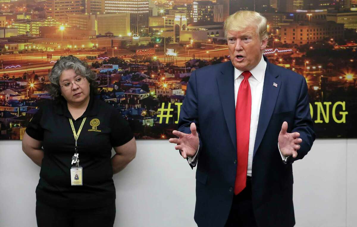 President Donald Trump speaks to the media as he visits the El Paso Regional Communications Center after meeting with people affected by the El Paso mass shooting, Wednesday, Aug. 7, 2019, in El Paso, Texas. (Mark Lambie/The El Paso Times via AP)