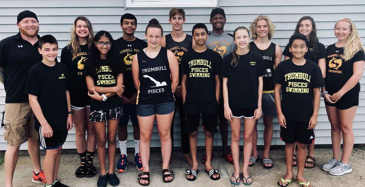 Trumbull Pisces competed in a pair of Long Course state championship swims. Leading the way (front row) were Chase Reynolds, Ashmeen Batra, Kristen Racicot, Sri Vangeepuram, Sarah Johnson and Soham Sarkur; (second row) coach Bill Strickland, Liz Stoelzel, Raj Padda, Liam Crecca, Rohit Gunda, Cameron Kosak, Norah Hampford and coach Colleen Carroll.
