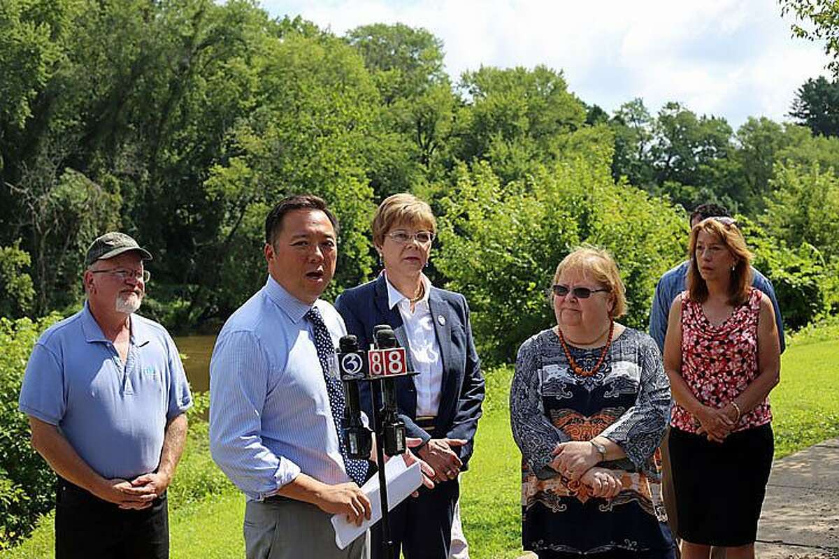 Attorney General William Tong with Windsor Mayor Don Trinks, Reps. Tami Zawistowski and Jane Garibay, and Anne Hulick.