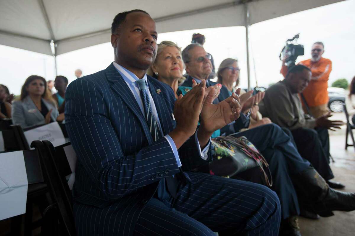 State Rep. Ron Reynolds, D-Missouri City, listens to U.S. Rep. Al Green, D-Houston, speak at a presser celebrating progress on the Sugar Land 95 Memorial Project in Sugar Land, Monday, June 17, 2019. Gov. Abbott signed a bill that would allow Fort Bend County to operate and maintain the cemetery where 95 African American remains were found last year.