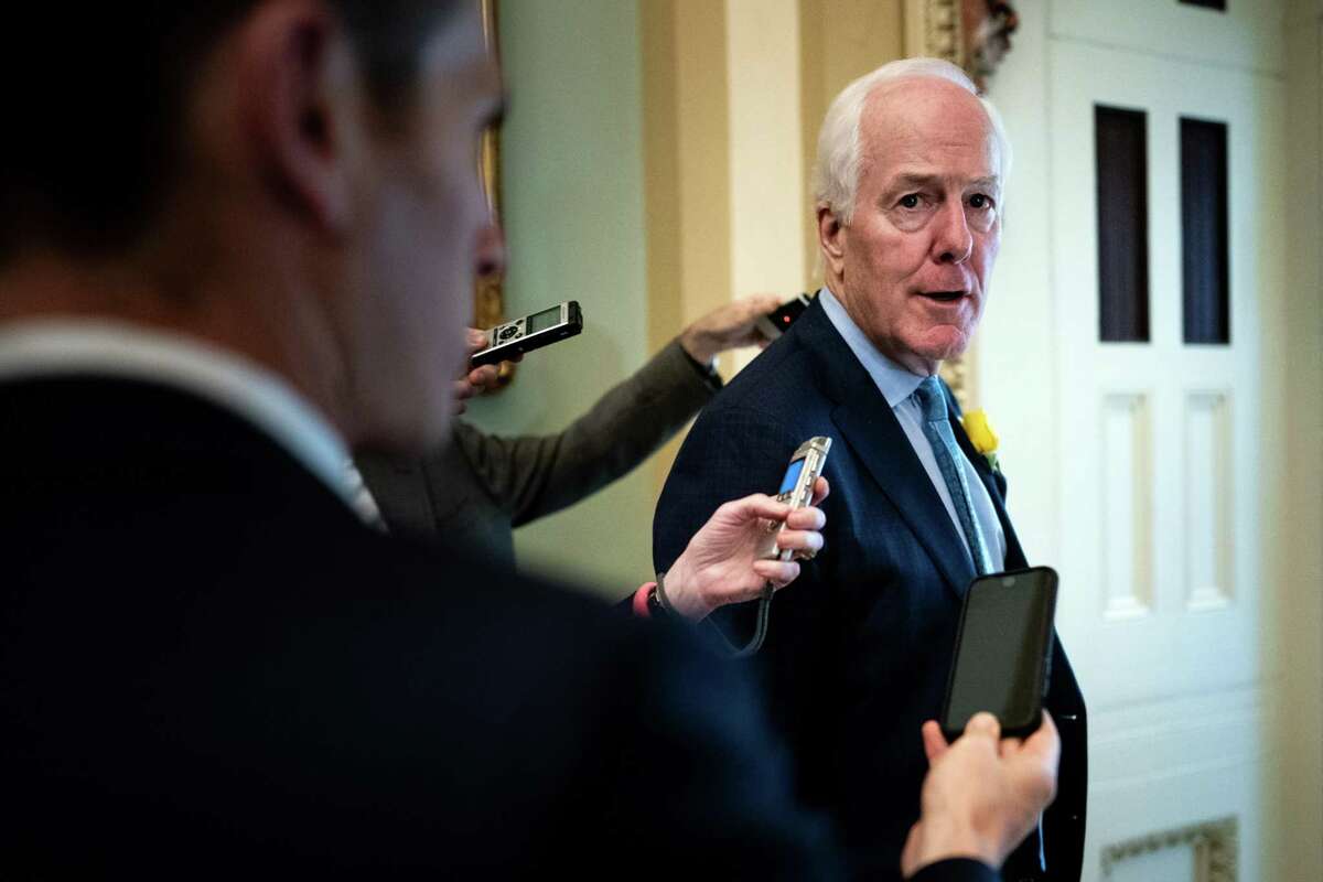 Sen. John Cornyn (R-Texas) speaks to reporters on his way to a Senate Republican policy luncheon on Capitol Hill in Washington, June 4, 2019. Republican senators sent the White House a sharp message on Tuesday, warning that they were opposed to President Donald Trump’s plans to impose tariffs on Mexican imports, just hours after the president said lawmakers would be “foolish” to try to stop him. “We’re holding a gun to our own heads by doing this,” said Corny. (Erin Schaff/The New York Times)