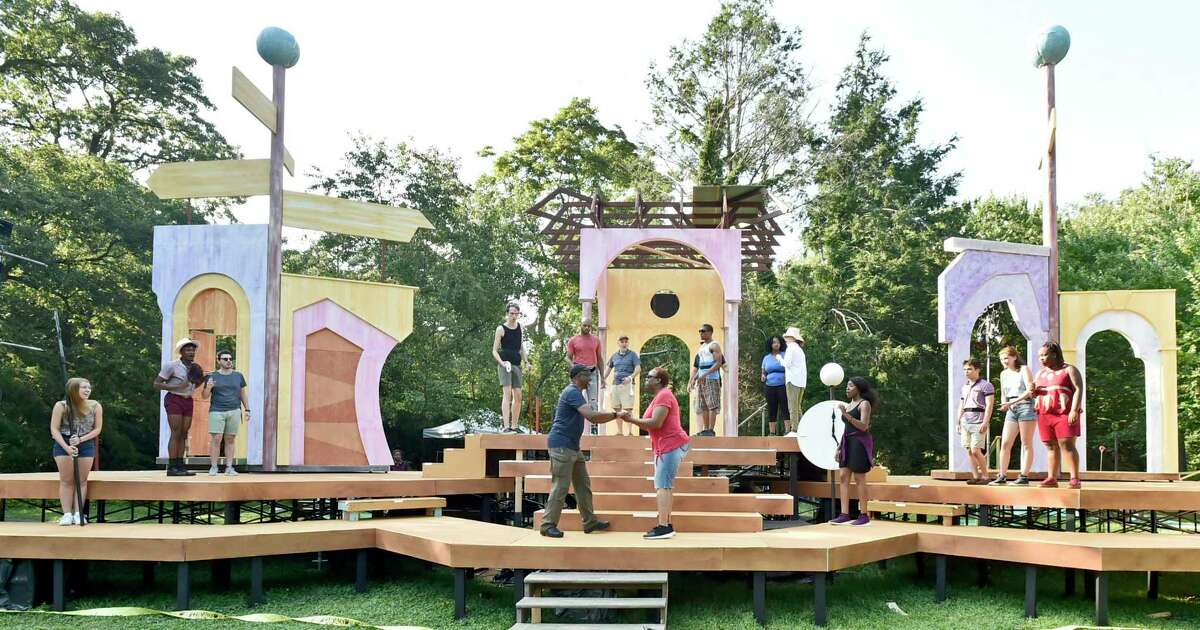 Rehearsal on the set of “Comedy of Errors” at Edgerton Park in New Haven in 2019.