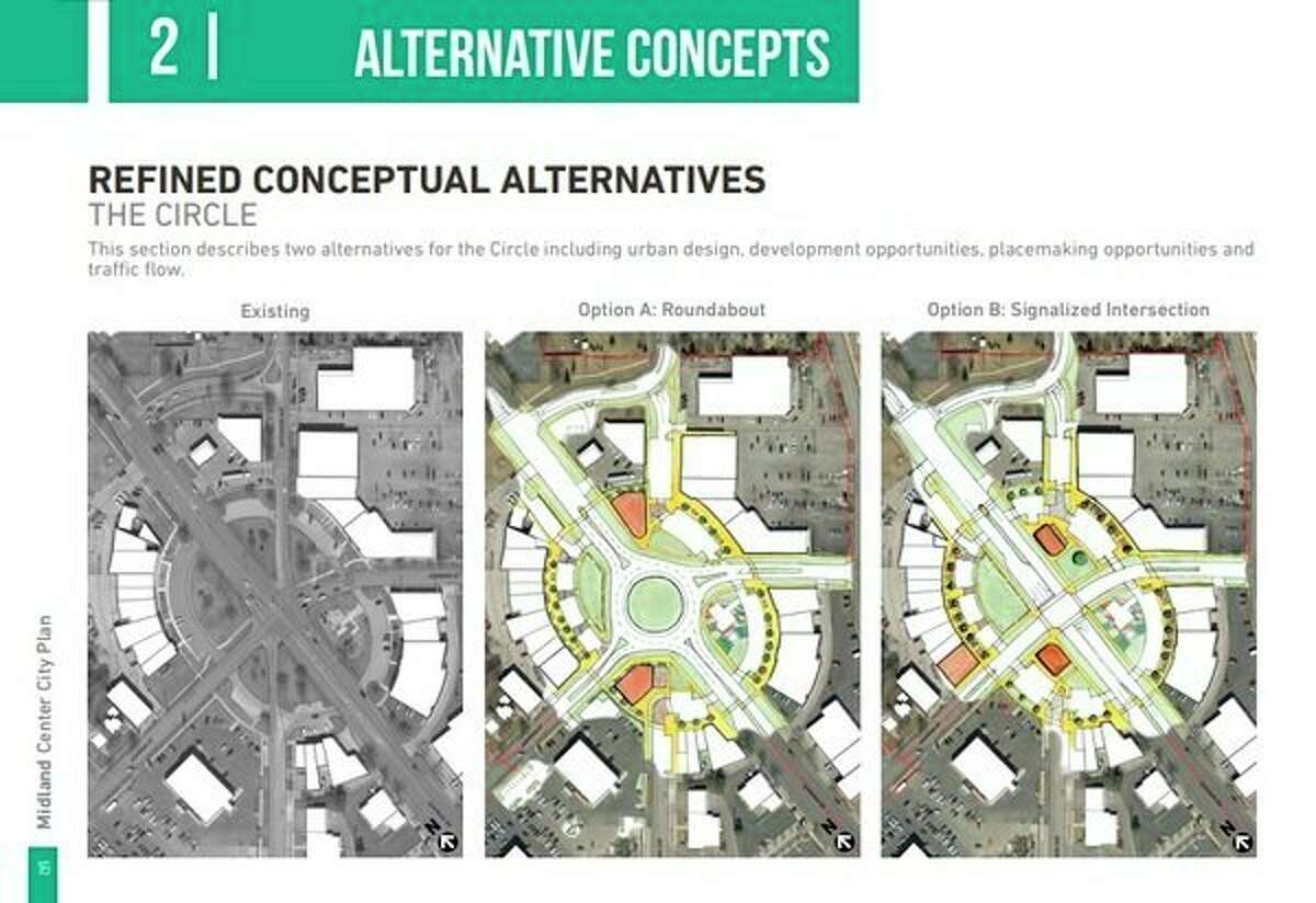 Concepts for the Ashman Circle are presented as two options:  a roundabout or a four-way, signaled intersection. (Photo provided)