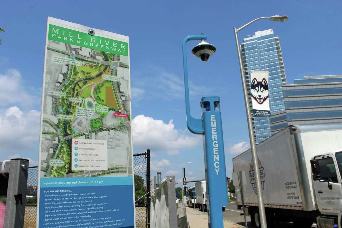 The city has installed another blue liight emergency phone tower on the west side of Washington Boulevard by Mill River Park. The towers are designed to be visible and a button, when pushed, connects directly to a 911 dispatcher.