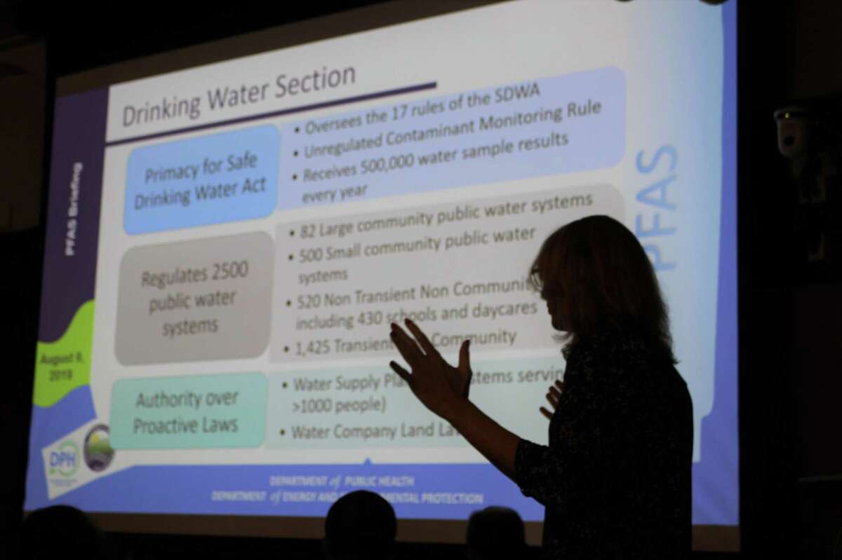 Lori Mathieu, chief of drinking water for the Connecticut Public Health Department speaks a forum on PFAS in Norwalk on Friday, August 9, 2019 after low-levels of the chemicals were found in the First Taxing District Water Department's water.
