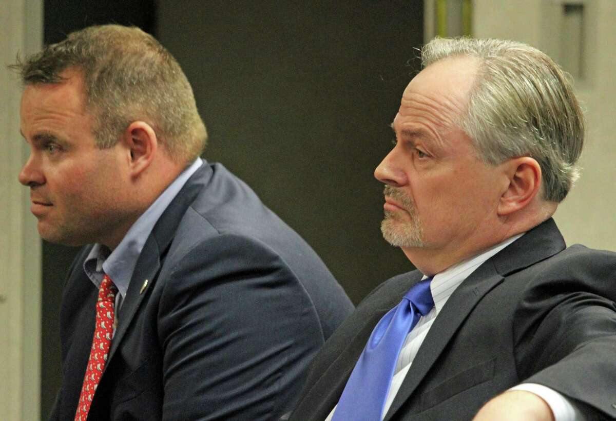 Selectman Chris Tymniak, left, and Ed Bateson in December 2016.