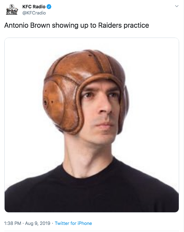 Brown practices with Raiders in certified helmet