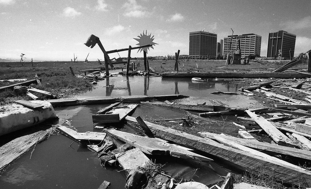 Art sculptures made from driftwood and wood scraps on the Emeryville mud flats were easily seen from the freeway and bridge approaches August 29, 1986